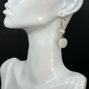White and Silver Drop Earrings, 2" Long, 0.5" Wide